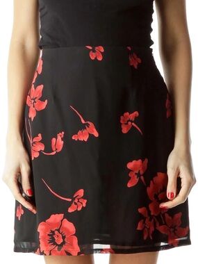 Ann Taylor Black A-Line Skirt with Red Floral Print